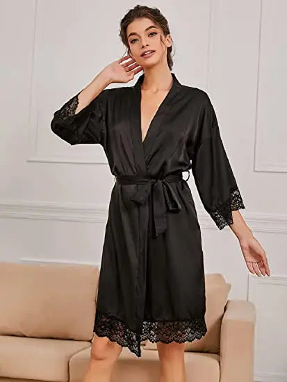 2021 New Women Ladies Sleepwear Lace Half Sleeve Nightgowns Imitation Ice Silk Sleepwear Women Night Dresses With Belt