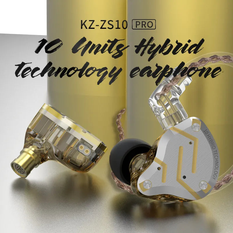 KZ ZS10 Pro Gold Earphones 4BA+1DD Hybrid 10 drivers HIFI Bass Earbuds In Ear Monitor Headphones Noise Cancelling Metal Headset