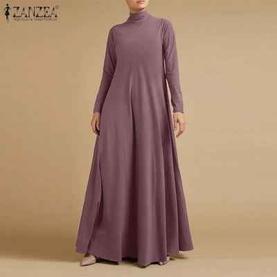 ZANZEA Autumn Turtleneck Long Sleeve Kaftan Elegant Solid Casual Sundress Robe Women Fashion Maxi Long Dress Party Vestidos