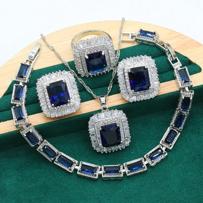 Geometric Blue Zircon Silver Color Jewelry Set for Women Wedding Bracelet Earrings Necklace Pendant Ring  Gift Dubai