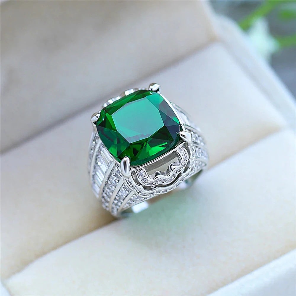 Huitan New Gorgeous Square Green Stone Women Wedding Rings Micro Paved Shiny CZ Noble Lady Engagement Party Ring Fashion Jewelry