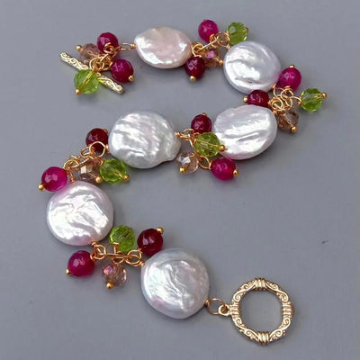 Y·YING Freshwater Cultured White Coin Pearl Fuchsia Agate Crystal Bracelet Jewelry For Women Gift