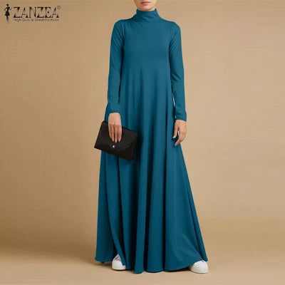 ZANZEA Autumn Turtleneck Long Sleeve Kaftan Elegant Solid Casual Sundress Robe Women Fashion Maxi Long Dress Party Vestidos