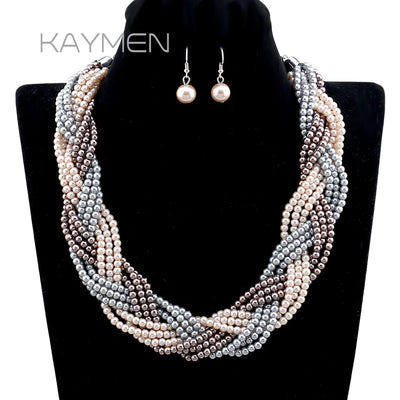 Newest Exaggerated 9 Pearl Beaded Strands Wrapped Statement Choker Necklace and Earrings Jewelry Sets for Women Girls