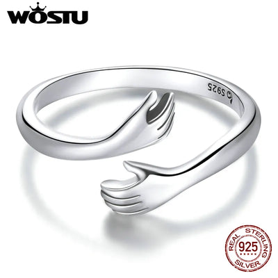 WOSTU 925 Sterling Silver Hug Hands Ring Simple Design Finger Ring For Women Elegant Silver Jewelry CTR176