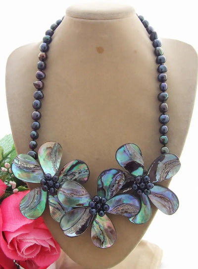 Y·YING Black Pearl Abalone Shell Necklace Handmade Statement Necklace 18"