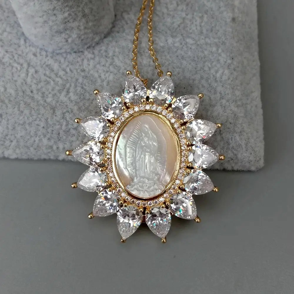 Y·YING 17.5" White Shell Virgin Mary Clear CZ Micro Pave Oval Shape Pendant Necklace