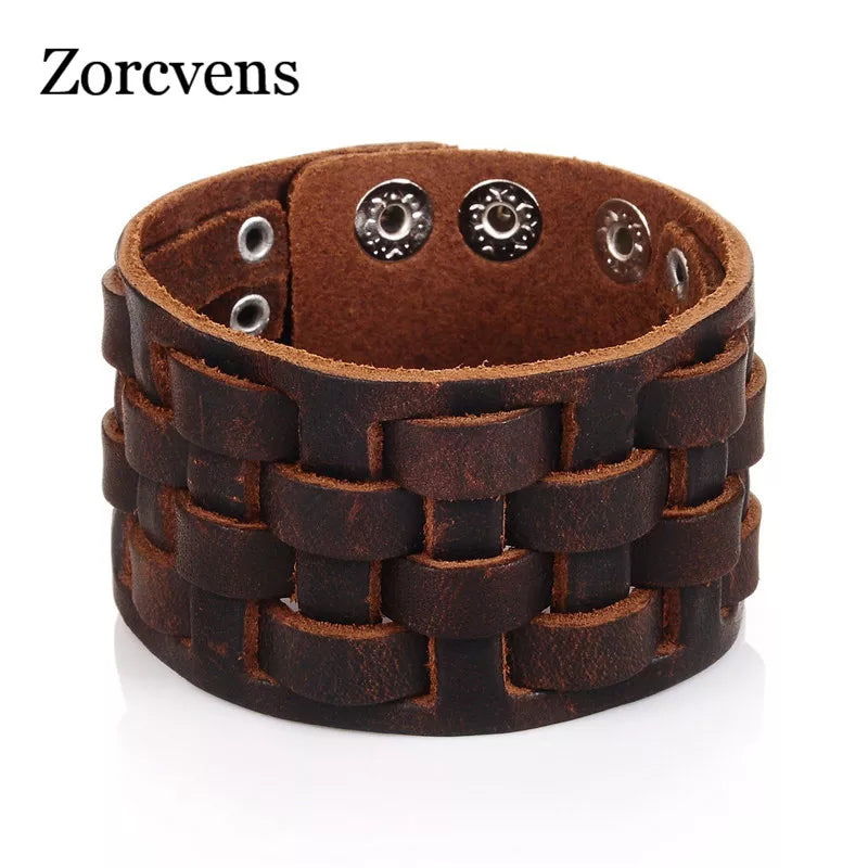 ZORCVENS Handmade Genuine Leather Bracelets Brand Fashion Brown Punk Wide Cuff Bracelets & Bangle for Women Men Jewelry