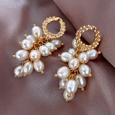 Elegant Leaf Circle Grape String Imitation Pearl Tassel Drop Earrings For Women Korean Pearl Beads Earring Party Wedding Jewelry