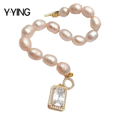 Y·YING 8'' Freshwater Pink Rice Pearl strand Bracelet Cubic Zirconia rectangle pave Toggle Clasp cute for women