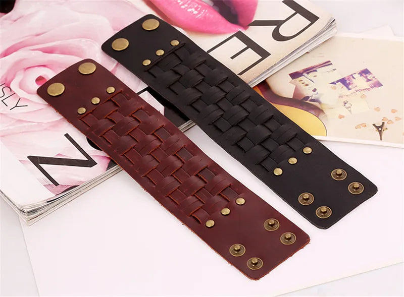 ZORCVENS Handmade Genuine Leather Bracelets Brand Fashion Brown Punk Wide Cuff Bracelets & Bangle for Women Men Jewelry