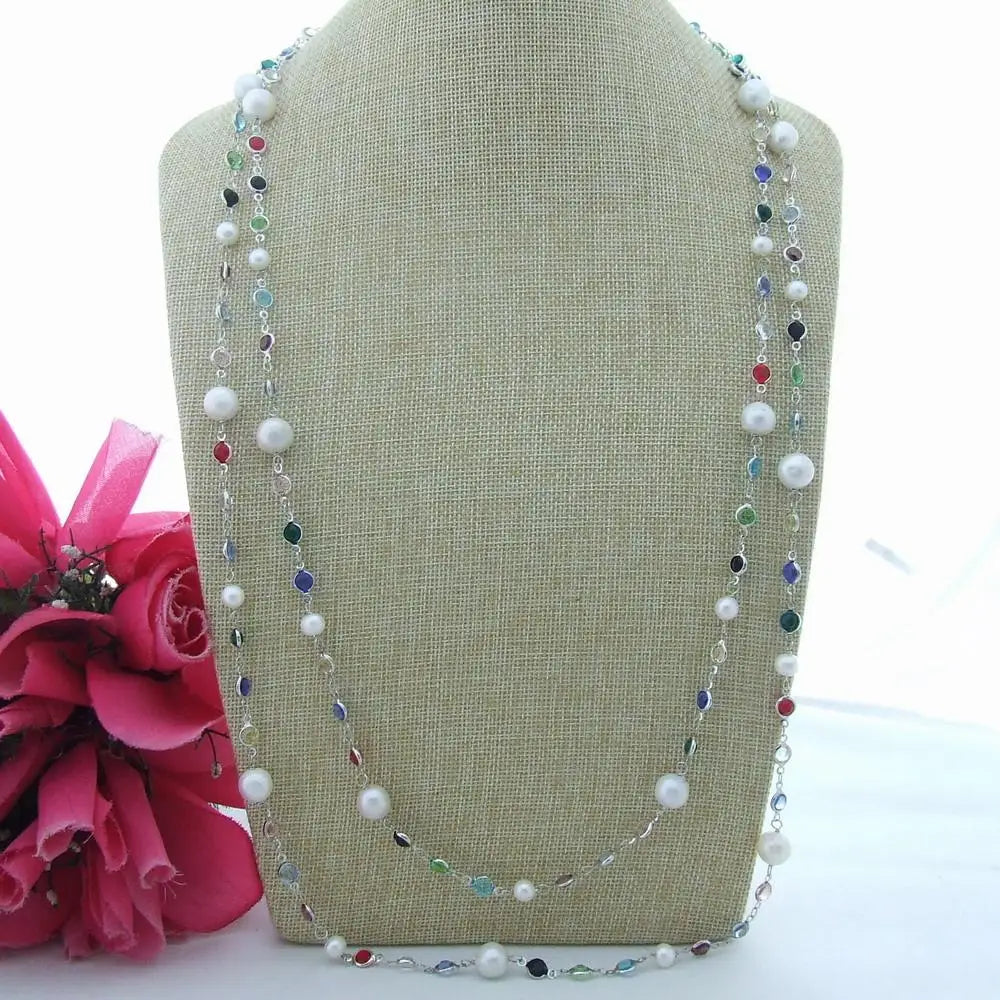 68'' White Round Keshi Freshwater Pearl multi color cz pave Chain long Necklace sweater chain necklace for women