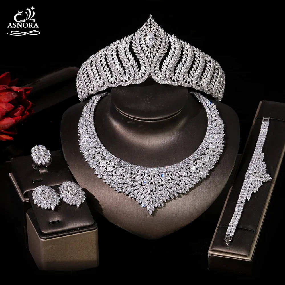 Luxury bridal wedding ladies necklace cubic zirconia crown 4 pieces Dubai jewelry set golden wedding anniversary accessories