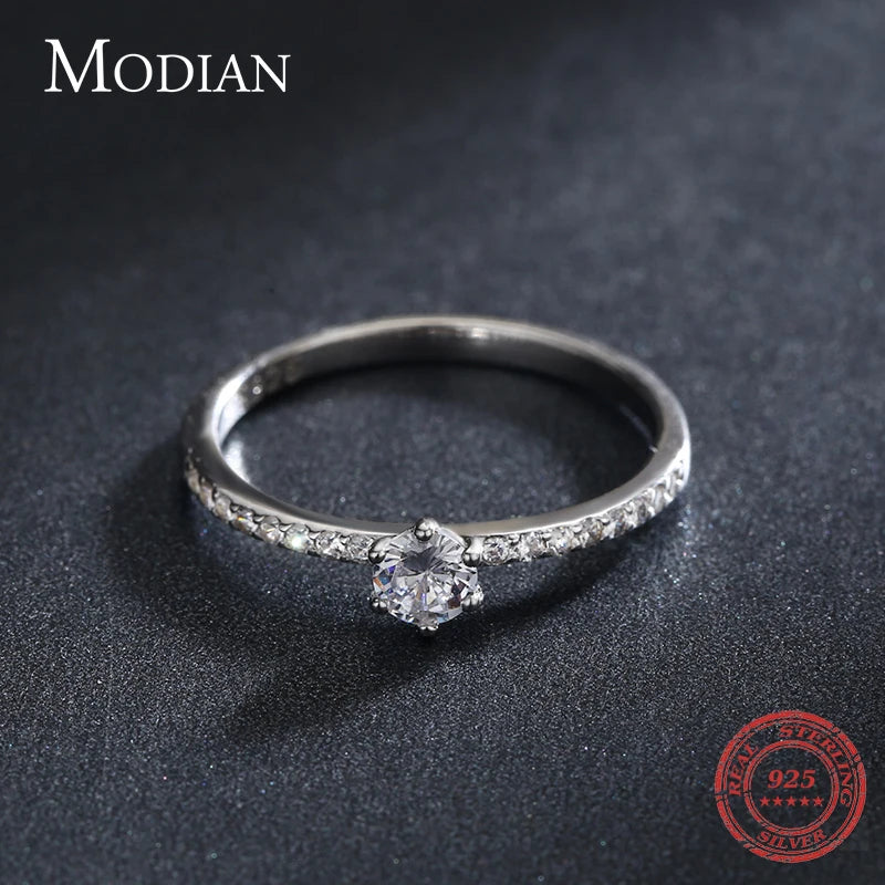 Modian Solid 925 Sterling Silver Simple Round Clear CZ Finger Rings For Women & Girls Cassic Wedding Statement Fine Jewelry Gift