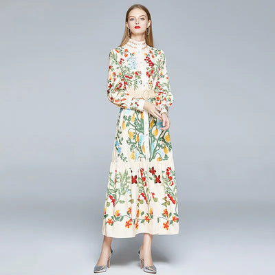 2023 Autumn Runway Maxi Dress Women's Long Sleeve Stand Gorgeous Flower Print Long Dress Female Buttons up Sashes Holidays Dress