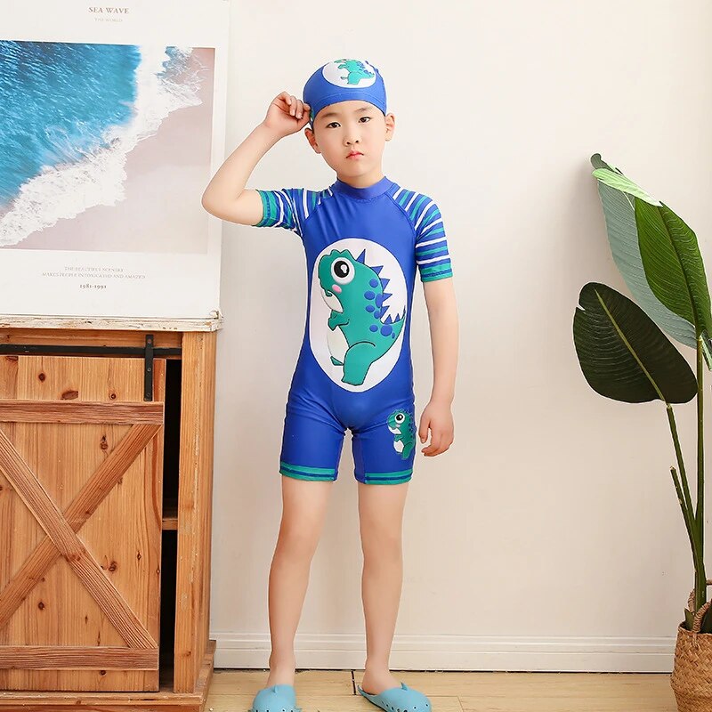 2021 New Hot One-piece Toddler Boy Swimwear With Hat Fish Cartoon Print Children Swimsuit Bathing Suits Kids Beach Clothes