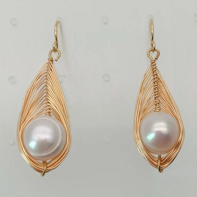 Cultured Whitefreshwater  Pearl  Yellow Gold color Plated Handmade Hook Earrings