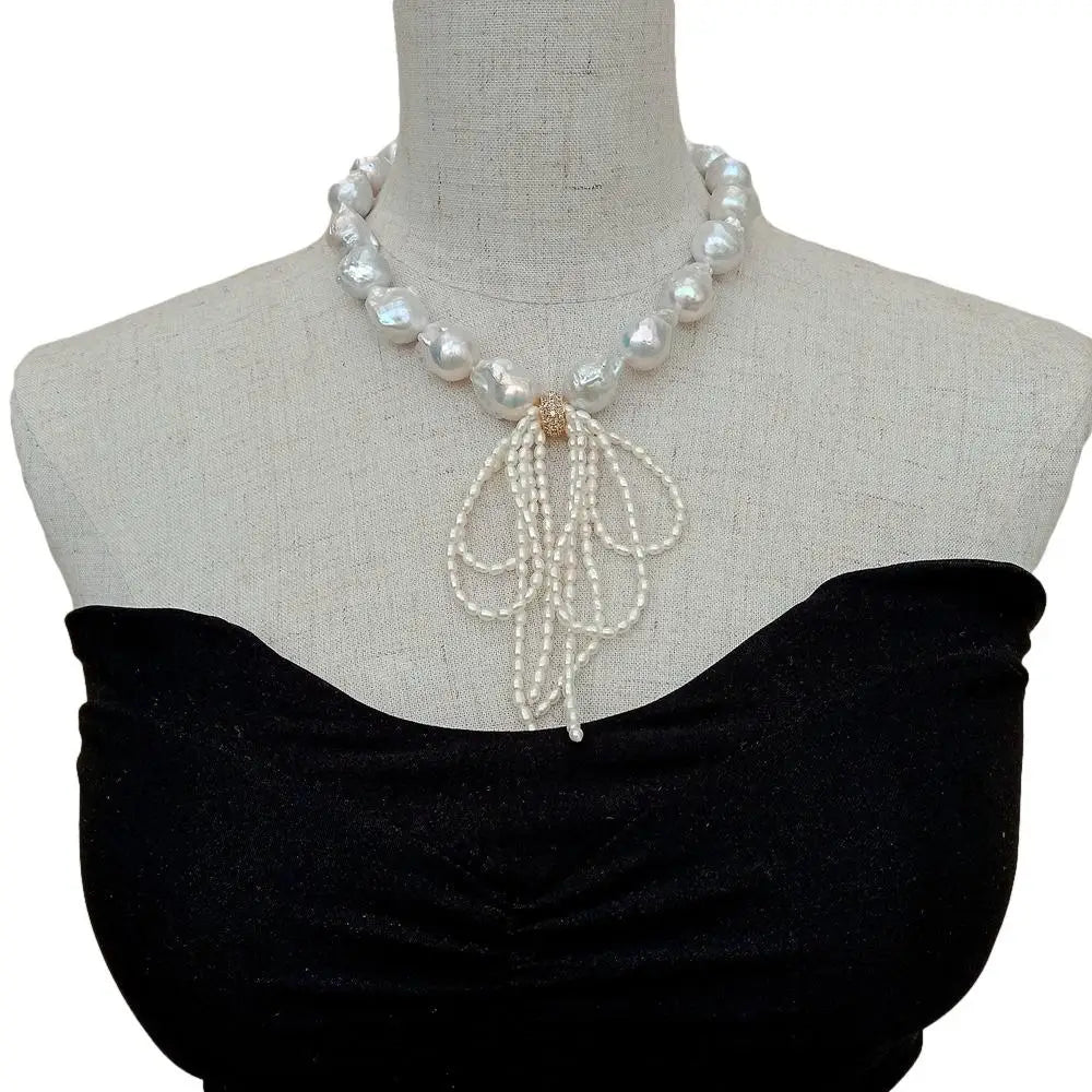 Cultured Freshwater White Keshi Pearl Necklace Bowknot Fashion Desigh Jewelry 17"