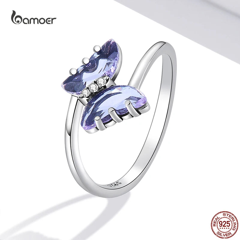 Bamoer Trendy Purple Flying Butterfly Rings 925 Sterling Silver Delicate Animal Butterfly Ring for Women S925 Fine Jewelry Gifts