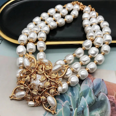 Baroque Pearl Jewelry Necklace Statement Romantic Chokers Three Strands Flower High-Quality Accessories Wedding Party Elegant