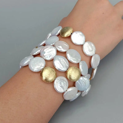 Y·YING 4Strands Freshwater Cultured White Coin Pearl Gold color Plated Brushed Bead Bracelet 8.5"