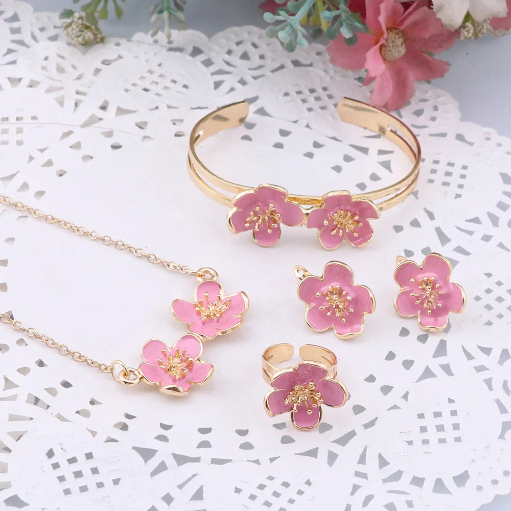 Fashion Girl Jewelry Lovely Flower Children Necklace Bangle Earring Ring Kids Baby Costume Jewelry Set 3 Colors