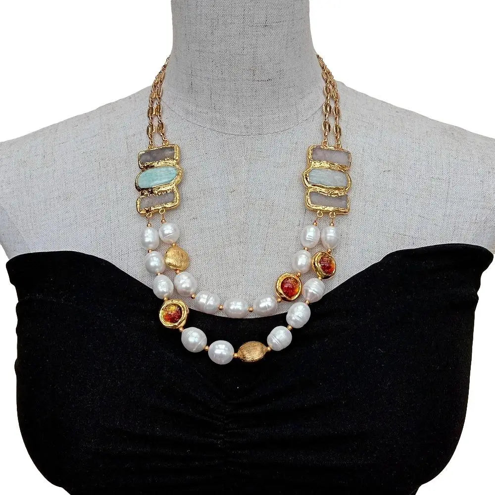 Y·YING 2 Rows Cultured White Pearl Amazonite Agate Druzy Golden Murano Glass Necklace 21"