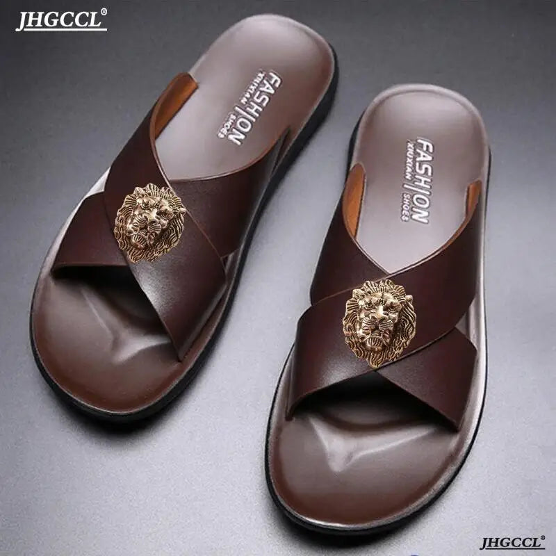 2024 Men's slippers Cowhide flip-flops casual beach shoes cowhide slippers men's flip-flops, brand designer casual slippers P31