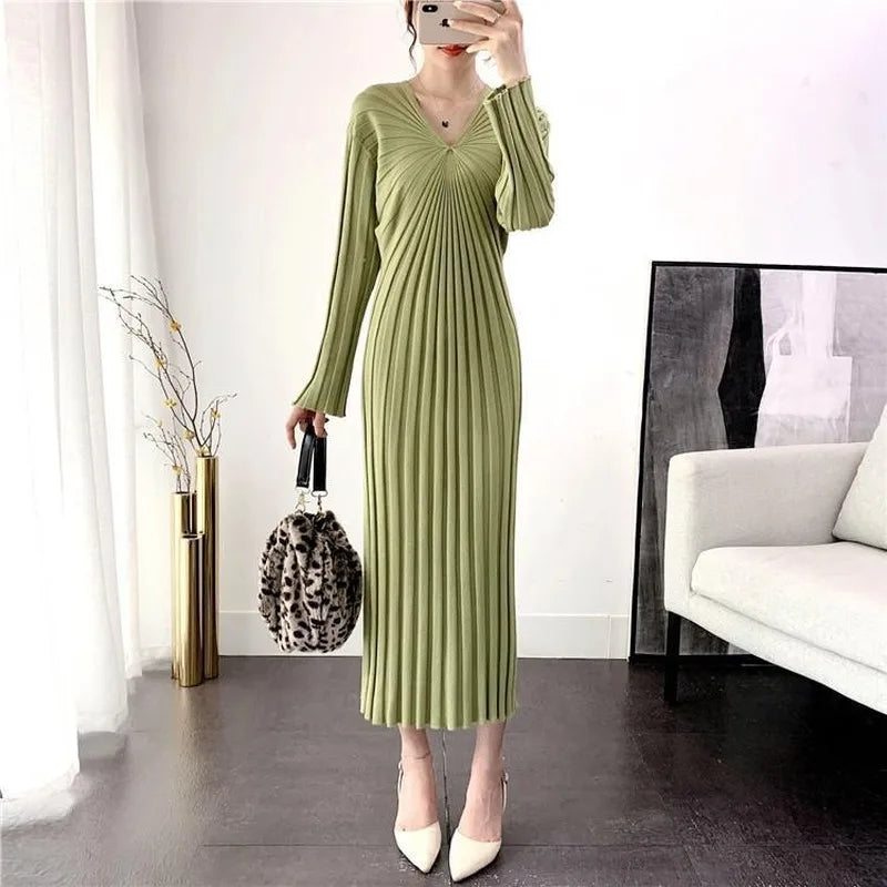 High Elastic Skinny Stretchy Dress Ladies Woolen Dress 2020 Fall Winter Waist Thin V-neck Bottoming Vintage Dress Sexy Dress