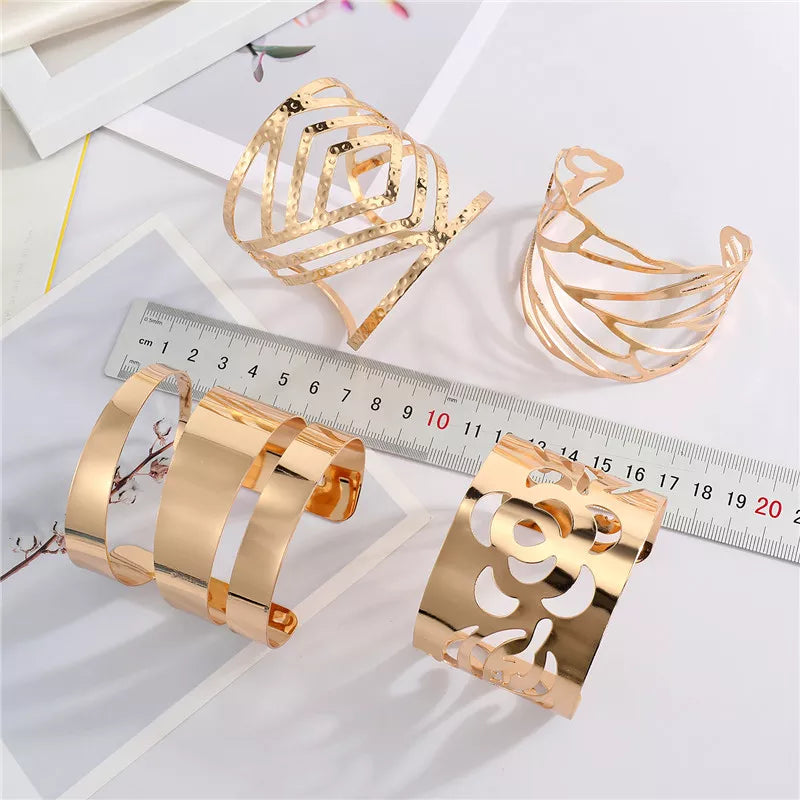 European Shiny Metal Flower Leaf Rhombus Bracelet For Women Men Open Adjustable Wide Cuff Bracelet Party Wedding Jewelry B26