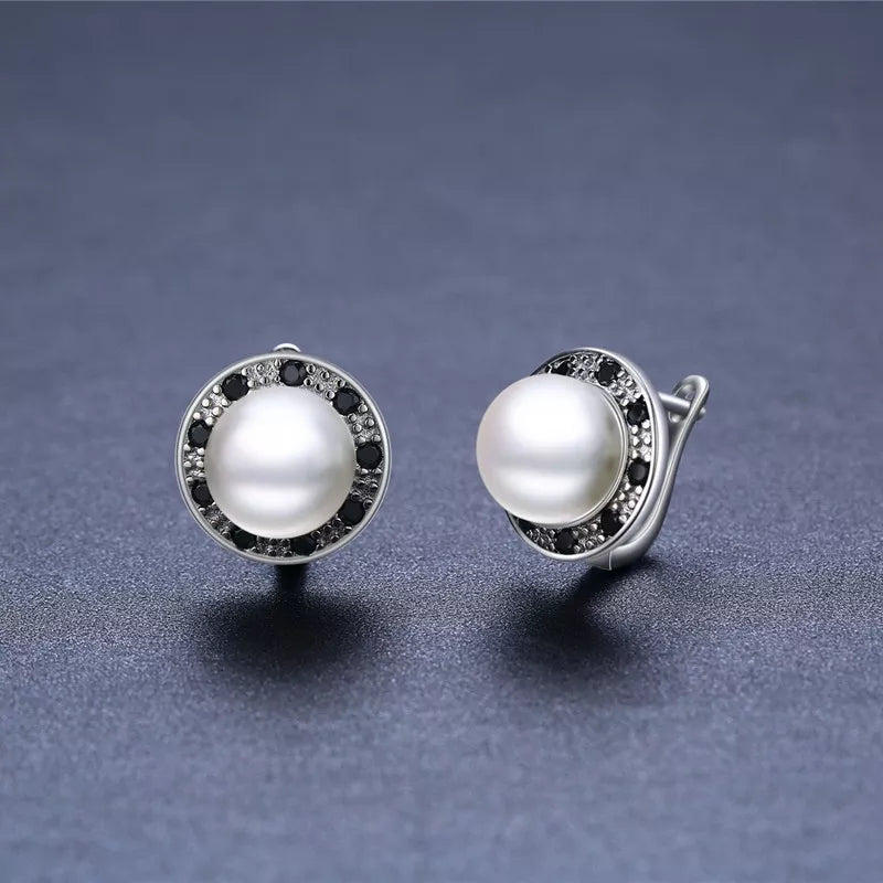 Black Awn 2022 New Round pearl Hoop Earrings for Women Classic Silver Color Trendy Spinel Engagement Jewelry I223