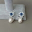 Teardrop White Sea Shell Pearl Blue Cz Pave Flower Stud Earrings