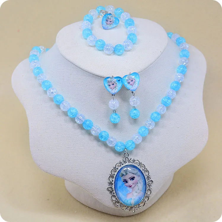 5pcs/set Anime Frozen Elsa Anna Necklace Bracelet ear studs Figure Toys Disney Princess Frozen Accessories Kids Girls Toy Gifts