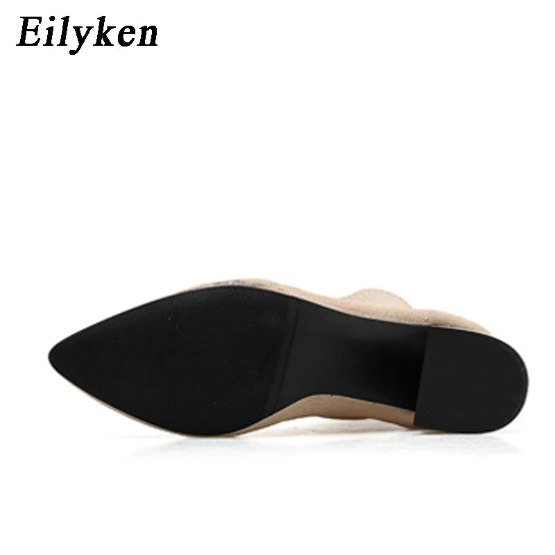 EilyKen 2023 Autumn Winter Knitted Stretch Fabric Socks Women Low Heel Short Boots Gray Pointed Toe Female Ankle Booties