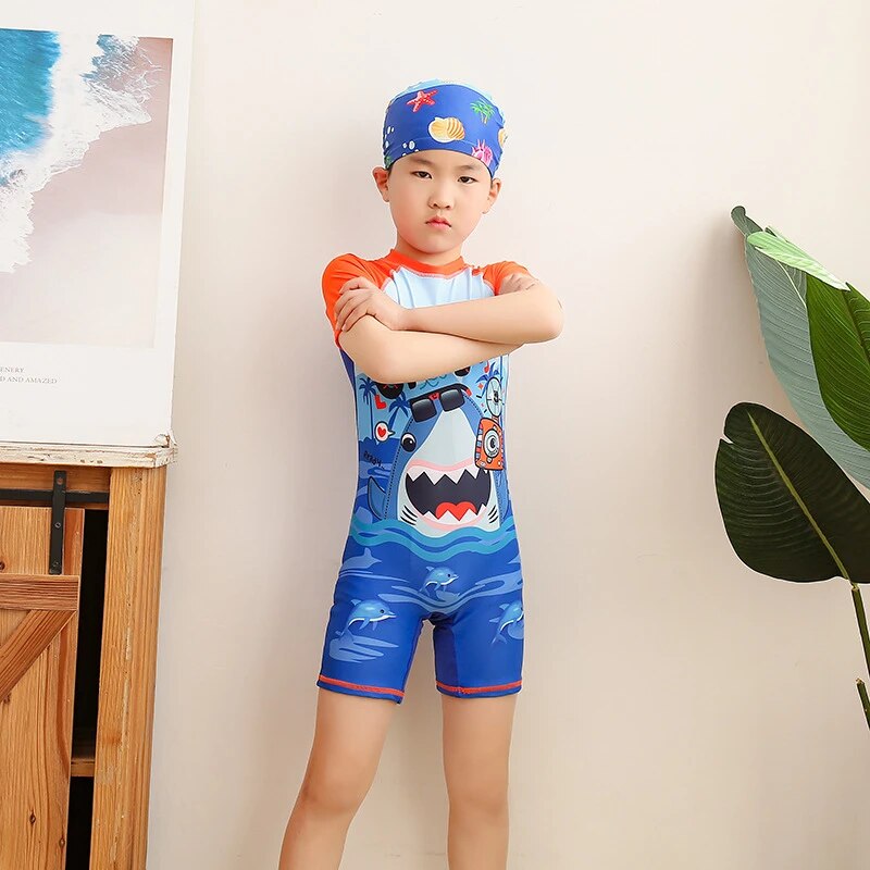 2021 New Hot One-piece Toddler Boy Swimwear With Hat Fish Cartoon Print Children Swimsuit Bathing Suits Kids Beach Clothes