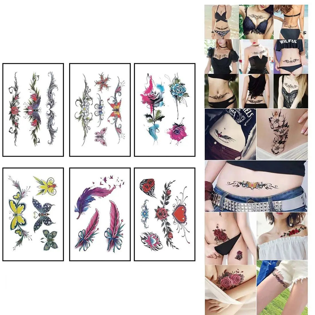 Sexy Long Lasting Waterproof Removable Cover Scars Black Rose Butterfly Design 3D Body Tattoo Sticker Temporary Decal