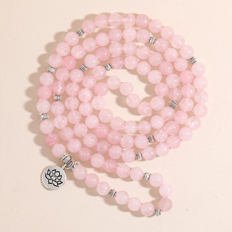 8mm Rose Quartz Beaded 108 Mala Elastic Cord Bracelet Yoga Prayer Bangle Jewelry Lotus OM Tree of Life Pendant for Women