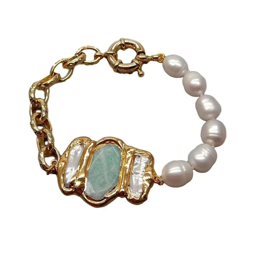 Y.YING natural Cultured White Rice Pearl Amazonite Biwa Pearl Chain Bracelet  8"  vintage style for women