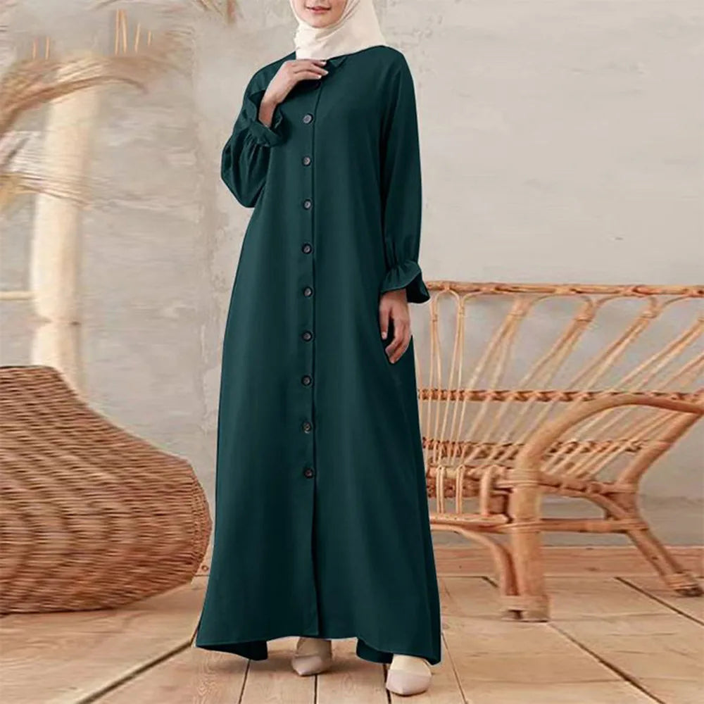 Eid Mubarak Plain Vintage Dress Muslim Women Abaya Shirt Collar Single Breasted Casual Islam Robe Saudi Arabia Femme Kaftan