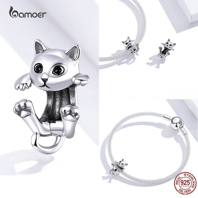 Bamoer Real 925 Sterling Silver Cute Kitty Cat Puppy Charms Animal Beads for Women Fit Original DIY Bracelet Bangle Fine Jewelry