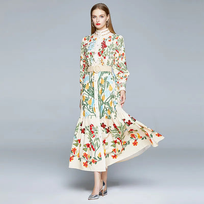 2023 Autumn Runway Maxi Dress Women's Long Sleeve Stand Gorgeous Flower Print Long Dress Female Buttons up Sashes Holidays Dress