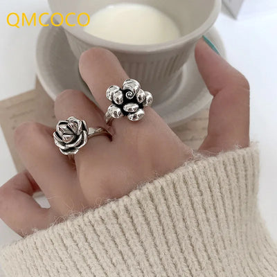 QMCOCO Vintage Punk Silver Color Sweet Flower Wide Rings Fine Jewelry For Women New Fashion Creative Party Accessories Gifts