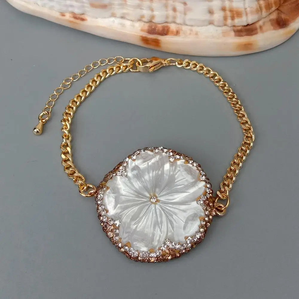 Y·YING Natural White Sea Shell Carved Flower Gold Plated Chain Bracelet Fashion 7"-9"