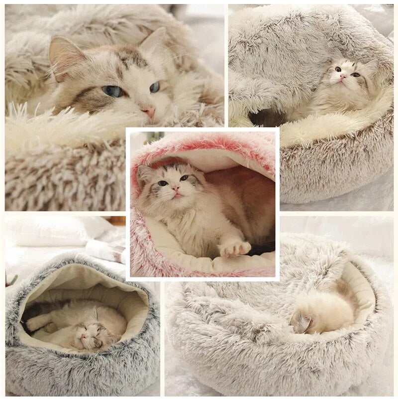 New Pet Dog Cat Round Plush Bed Semi-enclosed Cat Nest for Deep Sleep Comfort in Winter Cats Bed little Mat Basket Soft Kennel