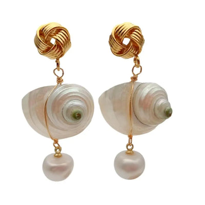 Cultured White Pearl Natural White Sea Shell Dangle Stud Earrings