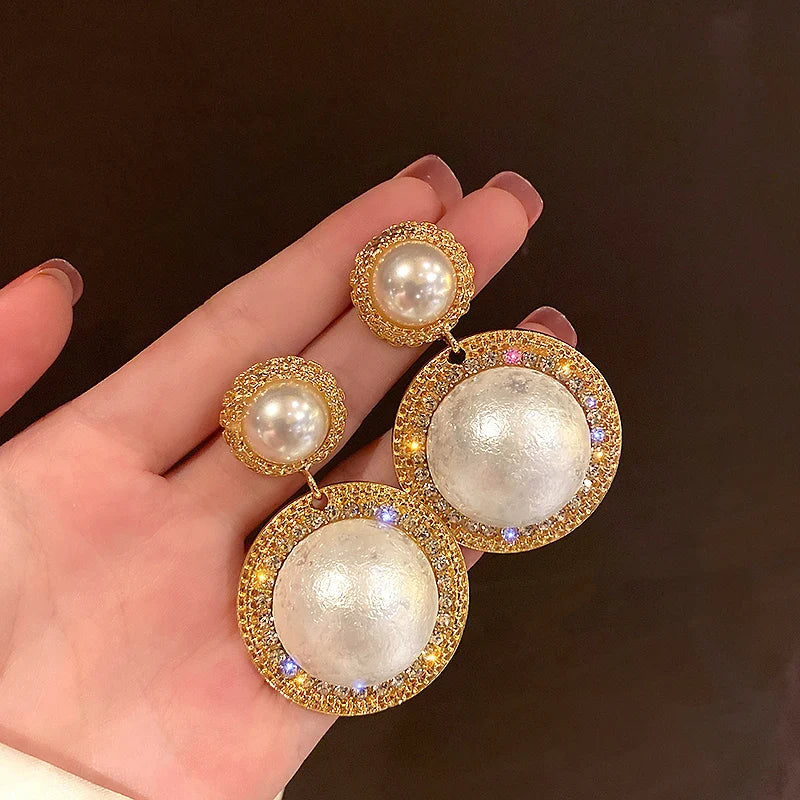 2023 Luxury Shiny Oversize  Pearl Drop Earrings For Women Crystal Golden Round Pearl Wedding Dangle Earrings Jewelry Party Gift