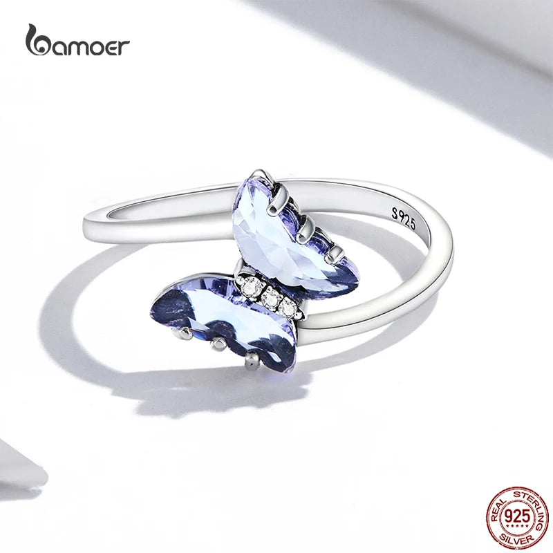 Bamoer Trendy Purple Flying Butterfly Rings 925 Sterling Silver Delicate Animal Butterfly Ring for Women S925 Fine Jewelry Gifts