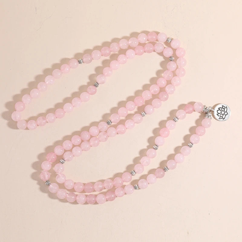 8mm Rose Quartz Beaded 108 Mala Elastic Cord Bracelet Yoga Prayer Bangle Jewelry Lotus OM Tree of Life Pendant for Women