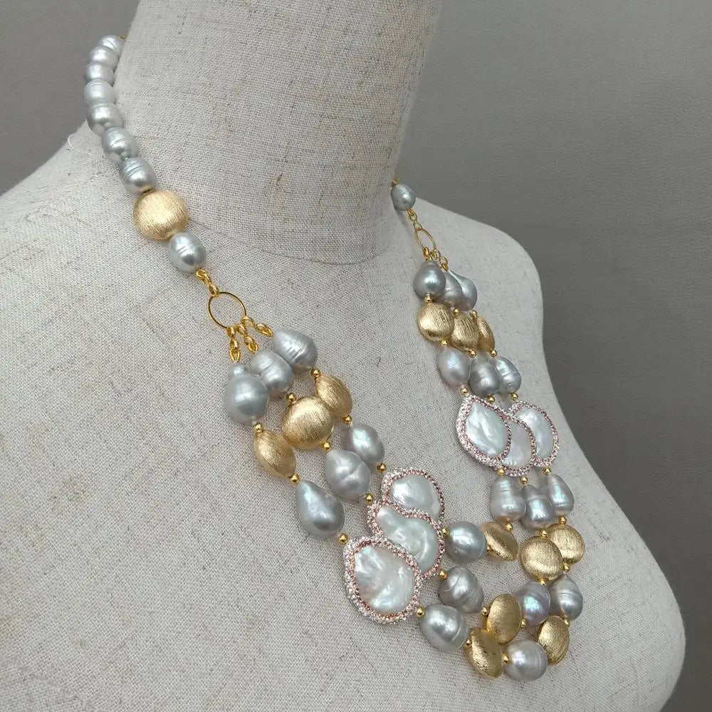 3 Rows Freshwater Cultured Gray Rice Pearl White Coin Pearl Necklace For Women