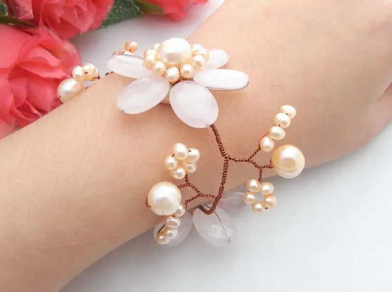 Y·YING Freshwater Pink Pearl Rose Quartzs Flower Statement Bracelet